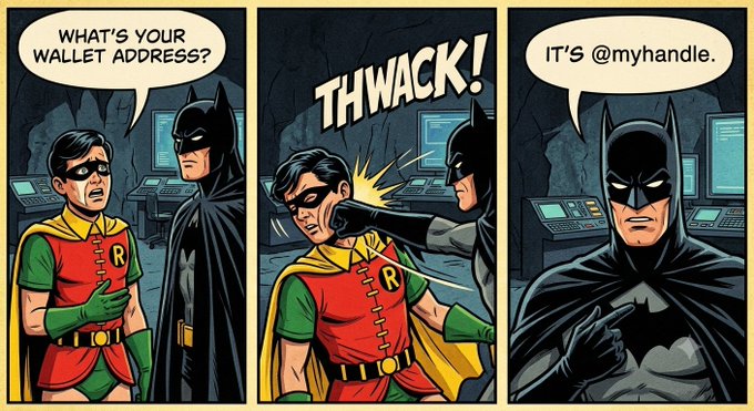 A three-panel Batman comic strip where Batman slaps Robin for giving his wallet address when asked for his '@handle'.