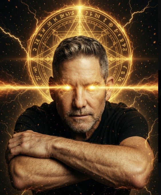 A man with a short beard and dark hair leans forward with crossed arms, featuring glowing golden eyes, set against a mystical background with a glowing esoteric symbol and lightning bolts.