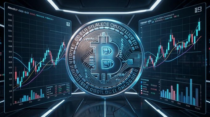 A stylized 3D rendering features a glowing Bitcoin coin centered in a futuristic cockpit, flanked by curved digital displays showing colorful candlestick charts and trading data.