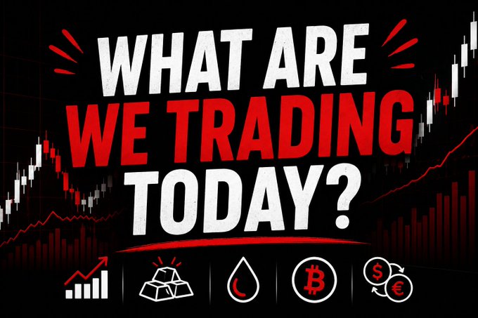 A bold graphic asking 'WHAT ARE WE TRADING TODAY?' with stock market charts and icons for stocks, gold, oil, Bitcoin, and currency exchange.