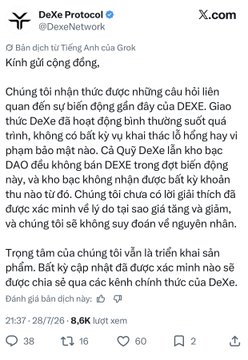 A Vietnamese-language tweet from DexeProtocol (@DexeNetwork) dated 28/7/26 about a translation error in a Grok response regarding DeXe DAO.