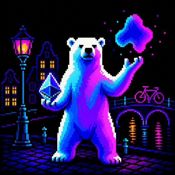 A vibrant neon pixel-art illustration of a bear holding an Ethereum logo, set against a dark cityscape with a streetlamp, bridge, and bicycle, with a purple cloud shape above.