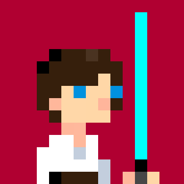 A pixel art character with brown hair, blue eyes, and a white robe holding a cyan lightsaber against a red background, resembling a Jedi.