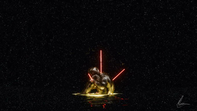 Digital artwork showing a figure with two red lightsabers standing in a pool of light against a starry background.