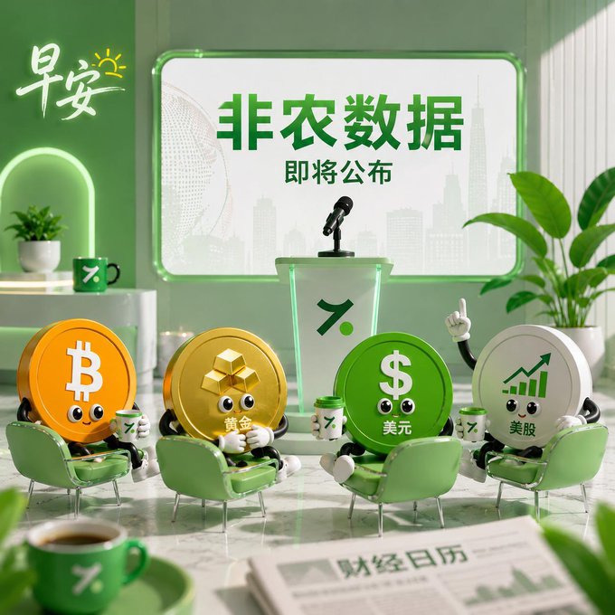A 3D-rendered green-themed morning greeting illustration with '早安' and '非农数据即将公布' (Non-farm data about to be released) text, featuring cartoon Bitcoin, gold, USD, and US stock characters.