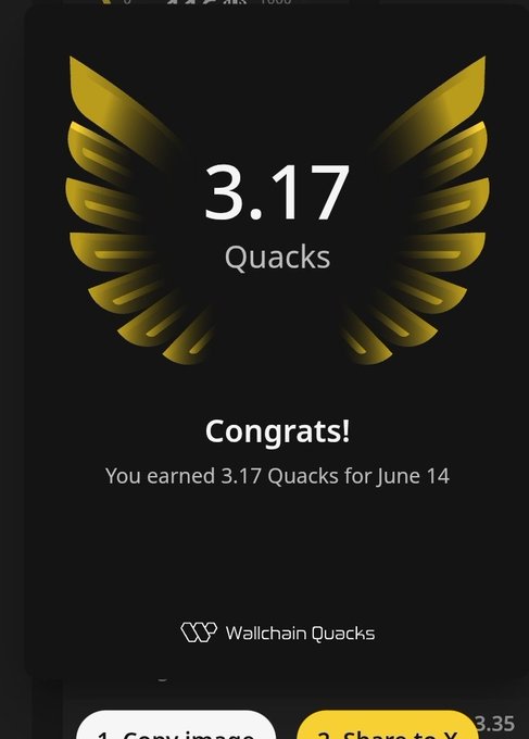 The image shows a phone screen displaying a congratulatory message for someone who has earned 3.17 Quacks. The message also mentions that the person has earned Quacks for June 14, which appears to be a date. The phone screen includes various icons related to social media and messaging platforms, such as "gQuack fam" and "shows to K".