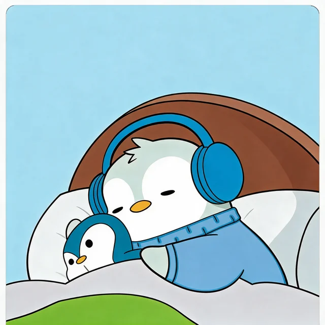 A cartoon illustration of a penguin character wearing blue headphones and a blue sweater, sleeping in bed while hugging a smaller penguin plushie.
