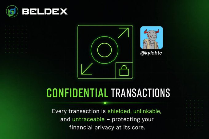 A promotional graphic for 'BELDEX' featuring 'CONFIDENTIAL TRANSACTIONS' with text stating 'Every transaction is shielded, unlinkable, and untraceable', alongside a profile handle '@kylobtc'.