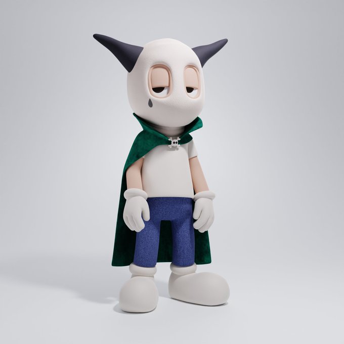 A 3D-rendered cartoon character with horns, a green cape, blue pants, and a skull brooch stands with half-closed eyes and a tear on its cheek, conveying a somber mood that mirrors the disappointing -6% loss on the Beast NFT sale mentioned in the post.