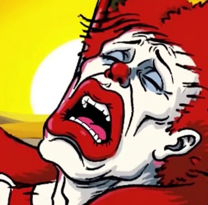 A stylized cartoon illustration of a clown with exaggerated red lips, a red nose, and a distressed, screaming expression against a yellow and red background.