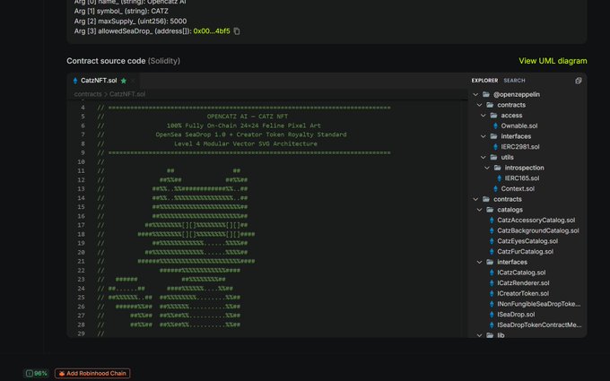 A screenshot of the OpenCatz NFT contract on Robinhood Chain's Blockscout explorer displays the Solidity source code for "CatzNFT.sol," described in comments as a "100% Fully On-Chain 24x24 Feline Pixel Art" project with a "Level 4 Modular Vector SVG Architecture." The explorer sidebar shows contract files like "CatzAccessoryCatalog.sol," "CatzRenderer.sol," and "IDropToken.sol," highlighting the artistic pixel-art focus the post praises.