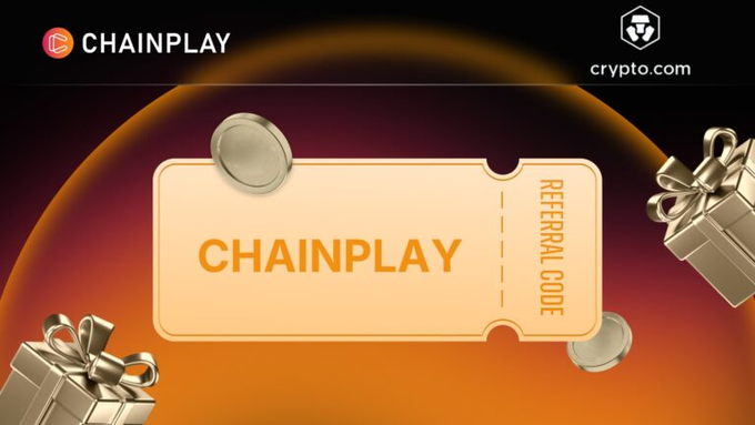 Chainplay referral code graphic branded with crypto.com, showing a blank CHAINPLAY ticket template with gift boxes and coins.