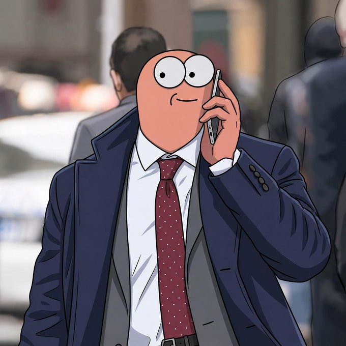 An animated cartoon-style image shows a bald man in a blue suit and red polka-dot tie talking on a smartphone with a contented smile, set against a blurred urban background.