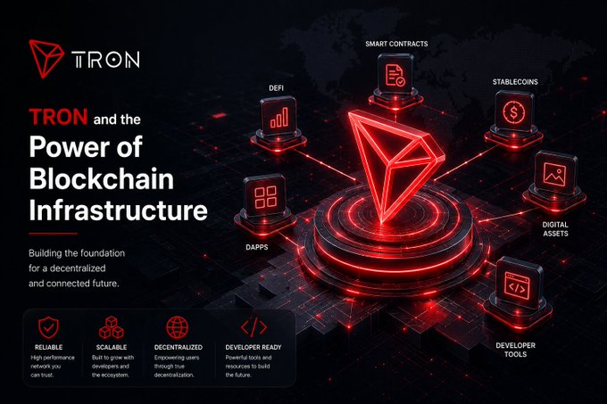 A promotional graphic for TRON titled 'TRON and the Power of Blockchain Infrastructure', highlighting its features like Smart Contracts, DeFi, Stablecoins, DApps, Digital Assets, and Developer Tools.