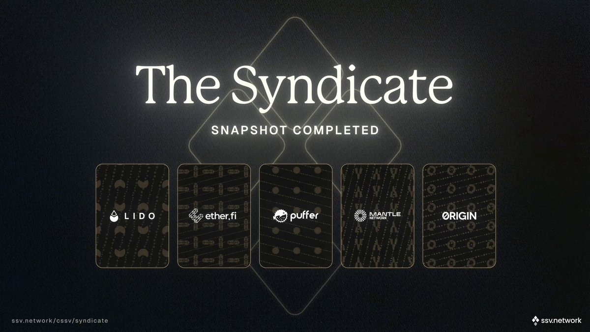 The image shows a poster for The Syndicate, which is an online marketplace that allows users to buy and sell digital assets such as cryptocurrencies, ethereum addresses, and other virtual items. The poster features five logos representing different companies within the Syndicate, including Origin, Lido, EtherFi, Puffer, and Mantle. The text on the poster indicates that the Syndicate has completed a snapshot of these companies' transactions.