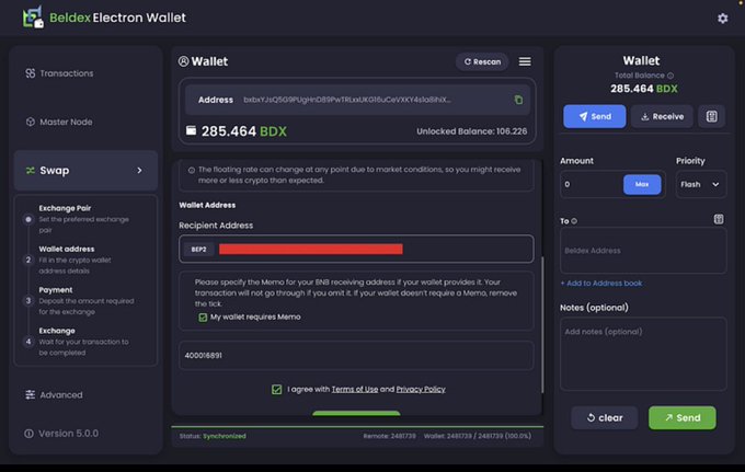 A screenshot of the Beldex Electron Wallet interface, showing a balance of 285.464 BDX and a swap configuration page with fields for 'Wallet Address', 'Recipient Address', and 'Amount' set to 0.