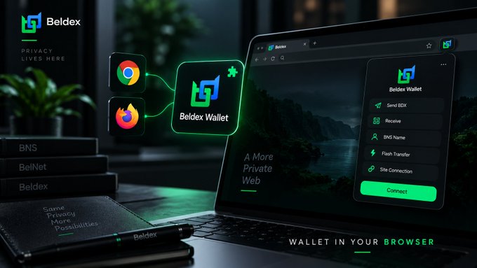 A promotional graphic for 'Beldex Wallet' showing a laptop displaying the wallet interface alongside Firefox icons and the text 'WALLET IN YOUR BROWSER' and 'PRIVACY LIVES HERE'.