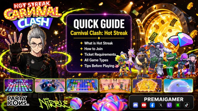 A promotional graphic for 'Carnival Clash: Hot Streak' on PartyIcons featuring a 'QUICK GUIDE' with topics like What is Hot Streak, How to Join, Ticket Requirements, All Game Types, and Tips Before Playing, branded with Premaigamer social icons.