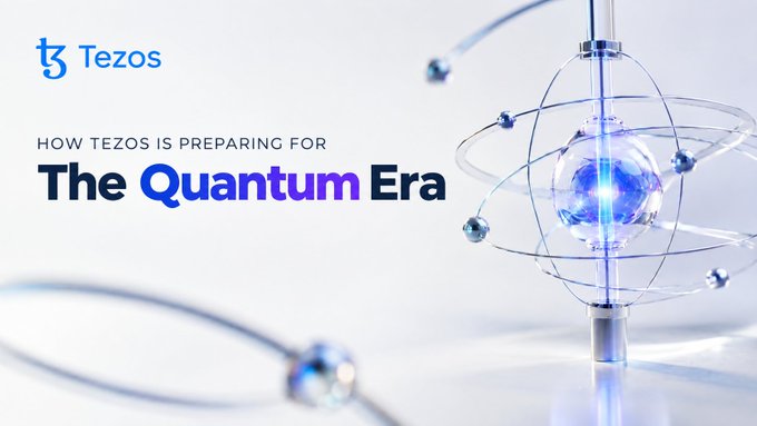 A promotional graphic for Tezos featuring the text "HOW TEZOS IS PREPARING FOR The Quantum Era" alongside a metallic, glowing 3D model of an atom.