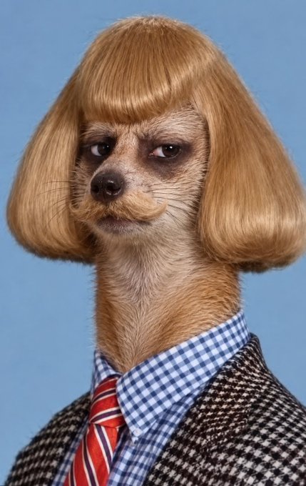 A portrait of a small tan dog with a distinctive blonde bob haircut and a curled mustache, dressed in a checkered shirt, red tie, and houndstooth jacket.