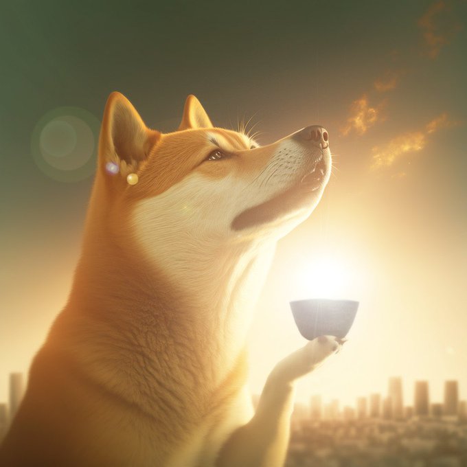 3D-rendered illustration of a Shiba Inu dog holding a small glowing bowl against a sunset cityscape backdrop.