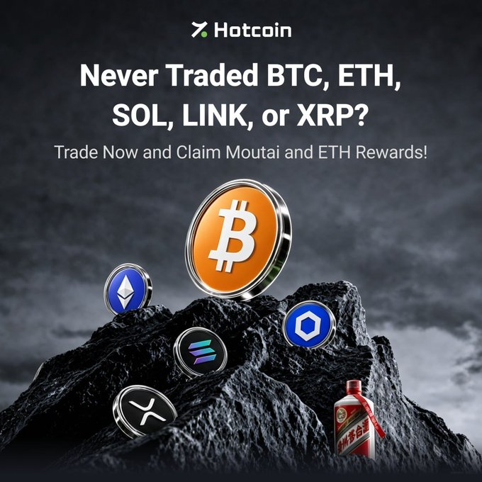 A dark, moody ad for Hotcoin features a rocky peak displaying Bitcoin, Ethereum, Solana, Chainlink, and XRP tokens alongside a bottle of Feitian Moutai, promoting a new-user promotion offering up to 200 USDT in ETH and a Moutai bottle for first spot and futures trades on BTC, ETH, SOL, LINK, and XRP pairs.