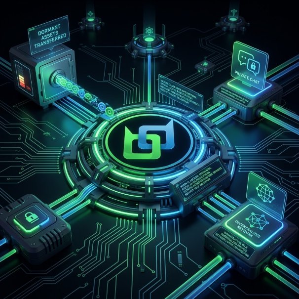 A stylized digital illustration of a blockchain/cryptocurrency network featuring a central logo connected to circuit pathways, with labels like "DORMANT ASSETS TRANSFERRED," "PRIVATE CHAT," and "DECENTRALIZED NETWORK."