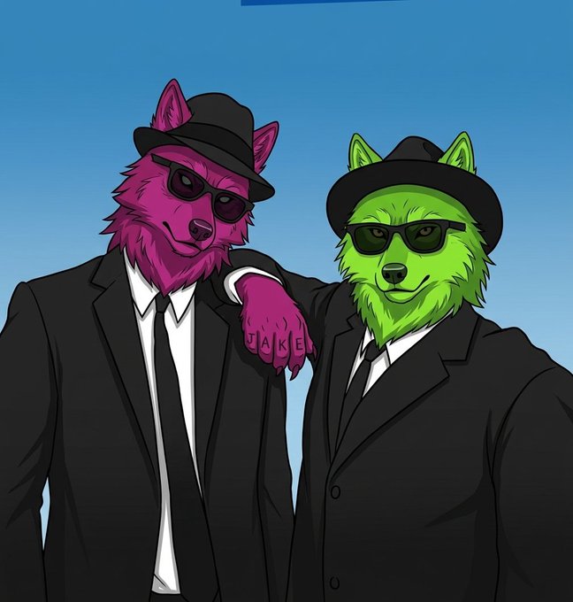 An illustration of two anthropomorphic wolves wearing black suits, fedoras, and sunglasses; the pink wolf has 'JAKE' tattooed on its paw.