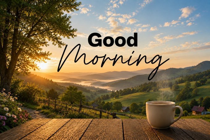 A scenic sunrise over rolling hills and misty valleys serves as the backdrop for the text 'Good Morning,' with a steaming coffee cup on a wooden table in the foreground.