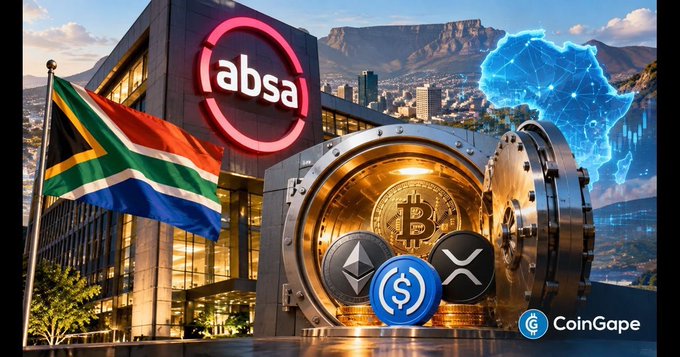 A promotional graphic showing the Absa bank building in South Africa with its flag, alongside a vault containing Bitcoin, Ethereum, XRP, and USDC coins, plus a glowing map of Africa; branded 'CoinGape'.