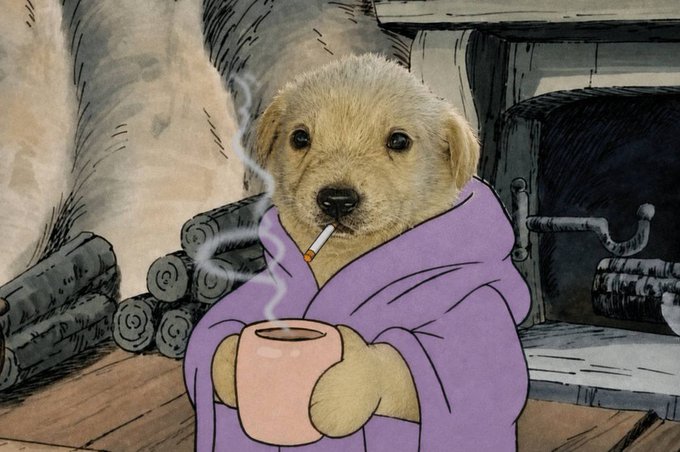 An illustration of a cute puppy in a purple robe holding a steaming mug and smoking a cigarette by a fireplace.