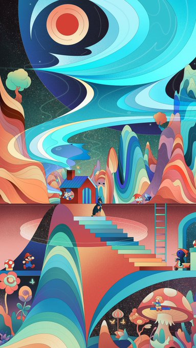 A vibrant, surreal digital illustration of a Mario-themed landscape featuring swirling blue skies, a red moon, a mushroom house, floating figures, staircases, and characters from the Mario universe in a dreamlike setting.
