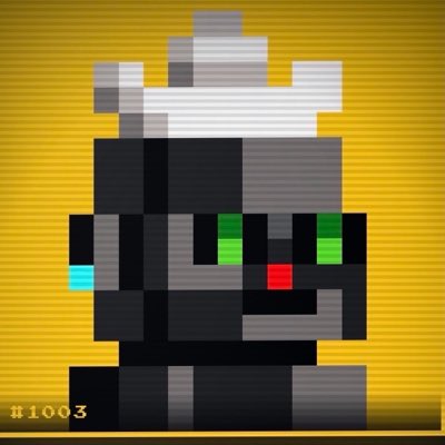 A pixel art illustration shows a dark gray cat-like character wearing a white chef's hat and a red nose, with the text '#1003' in the bottom left corner against a yellow background.