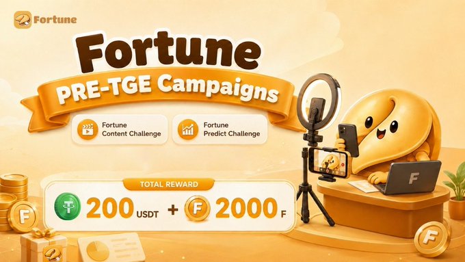 A promotional banner for 'Fortune PRE-TGE Campaigns' featuring a smiling fortune cookie mascot with a laptop and phone, offering a total reward of 200 USDT plus 2000 F tokens for Content and Predict Challenges.