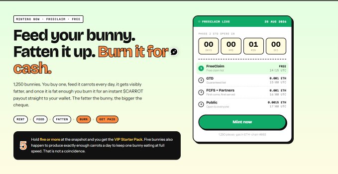 A promotional webpage for "Feed your bunny. Fatten it up. Burn it for cash" displays a pre-claim minting interface with 1,250 bunnies available at 0 ETH, featuring a countdown timer, claim statistics for FreeClaim, GTD, FCFS + Partners, and Public categories, and a mint-now button. The page relates to the post's announcement of a live GTD mint and link to the "cutebunbroker" NFT collection on OpenSea.