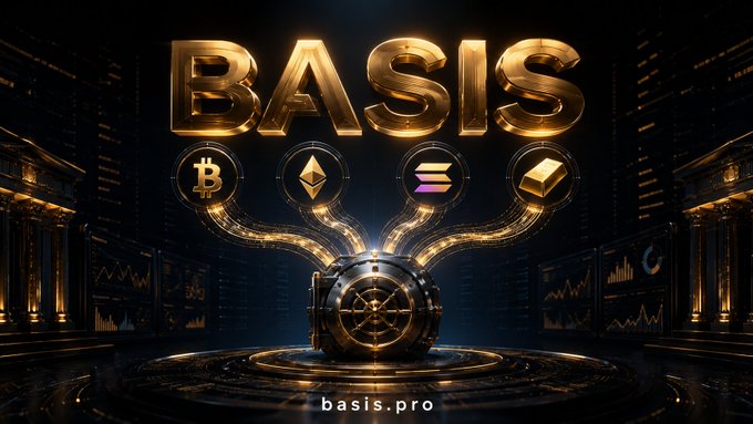 A promotional graphic for BASIS cryptocurrency platform (basis.pro) featuring golden 3D text and logos for Bitcoin, Ethereum, Solana, and another cryptocurrency above a vault-like structure in a dark, illuminated setting.