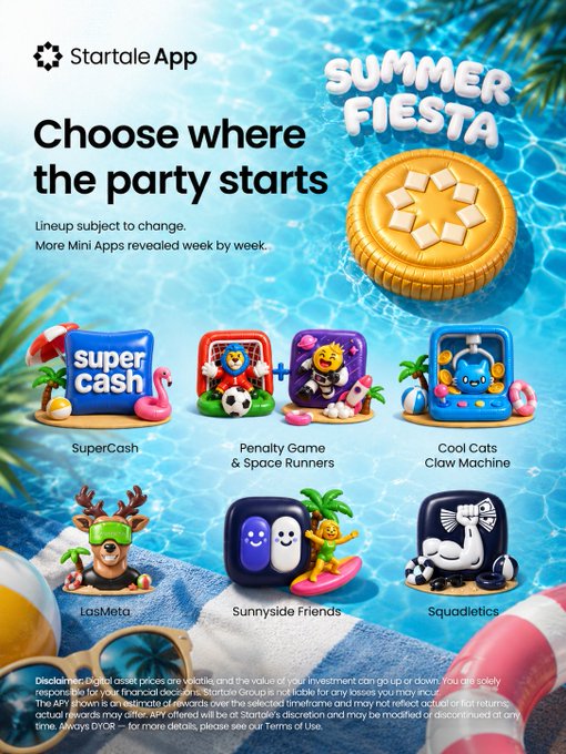 A 'Startale App Summer Fiesta' promotional image displays six mini-apps (SuperCash, Penalty Game & Space Runners, Cool Cats Claw Machine, LasMeta, Sunnyside Friends, Squadletics) against a swimming pool background.