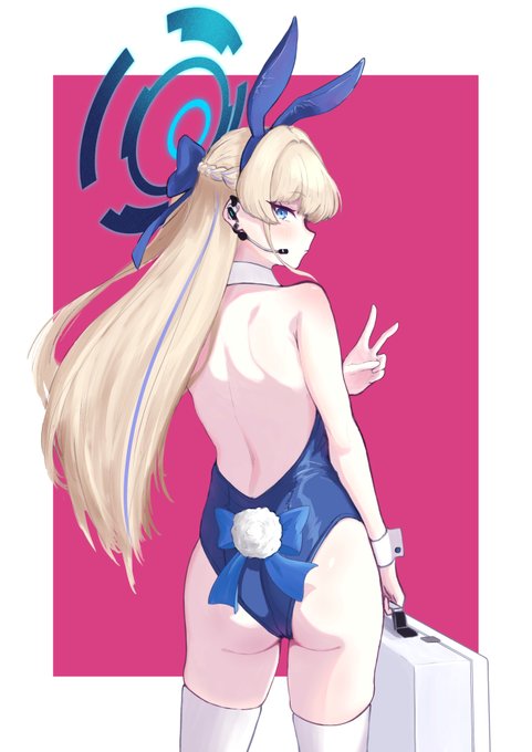 An anime-style illustration features a blonde character with bunny ears, a blue bow, and a headset, holding a white briefcase while posing against a pink background with a stylized blue and teal logo. The image appears to be a promotional or fan-made artwork, likely associated with the "bunny token" mentioned in the post, possibly representing a cryptocurrency mascot or project.