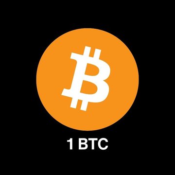 The Bitcoin (BTC) logo on a black background displayed as an orange circle with the white 'B' symbol, labeled '1 BTC' below.