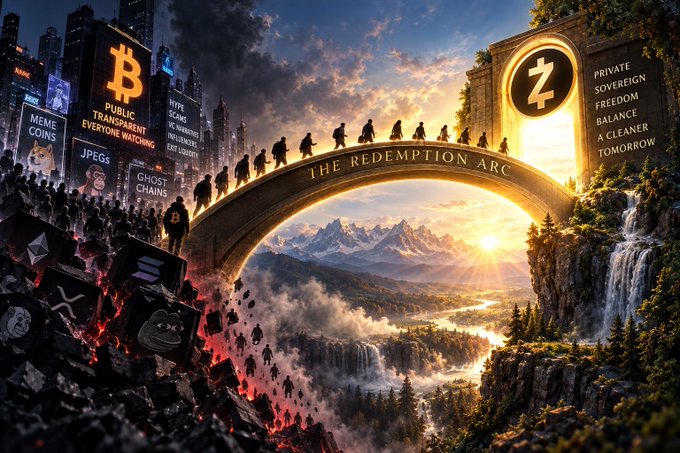 An AI-generated allegorical image showing a bridge labeled 'THE REDEMPTION ARC' connecting a dark cityscape with crypto imagery (Bitcoin, meme coins, Pepe) on the left to a bright, pristine landscape labeled with privacy-focused crypto concepts ('PRIVATE SOVEREIGN FREEDOM BALANCE A CLEANER TOMORROW') on the right.