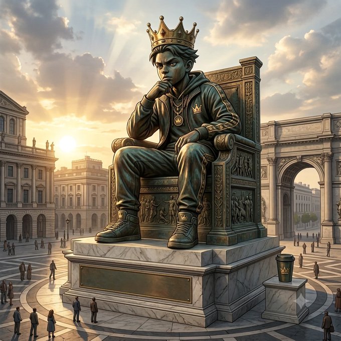 A digital illustration of a bronze statue of a young man wearing a crown and casual clothing, sitting on an ornate throne in a city plaza with people gathered below.