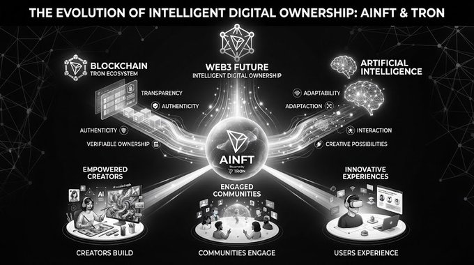 The image illustrates "The Evolution of Intelligent Digital Ownership: AiNFT & TRON," showing three main pillars—Blockchain (TRON ecosystem) emphasizing transparency, authenticity, and verifiable ownership; AI highlighting adaptability, interaction, and creative possibilities; and Web3 Future centered on Intelligent Digital Ownership—converging at an AiNFT by TRON hub that empowers creators, engages communities, and enables innovative user experiences. The visual reinforces the post's message by depicting how AI and blockchain each contribute distinct strengths (authenticity, adaptability) that merge through AiNFT to deliver the next generation of Web3 ownership.