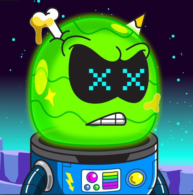 A cartoon green alien character with a bone stuck in its head wears pixelated sunglasses and sits in a blue mechanical pod, grinding its teeth against a cosmic background.