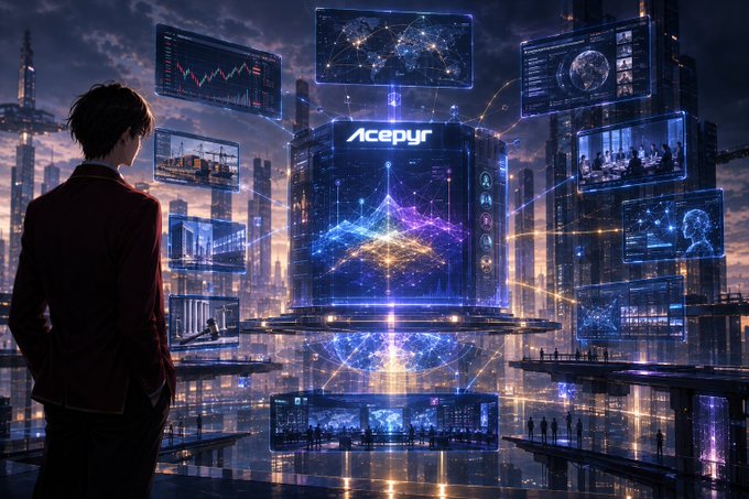 A sci-fi illustration shows a person in a red jacket facing a massive futuristic holographic display labeled 'Acepyr' surrounded by floating data screens and a glowing cube in a neon-lit cityscape.