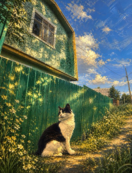 A black and white cat sits on a path next to a green wooden building and fence, surrounded by daisies under a blue sky with scattered clouds.