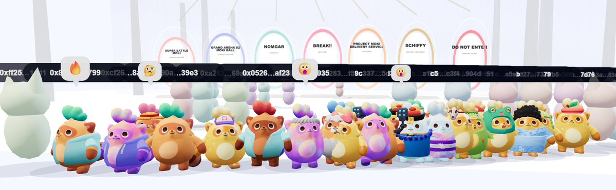 A row of colorful, plush toy-style cartoon characters stands in front of signposts labeled 'SUPER BATTLE MODE', 'GRAND ARENA S2 MOKI BALL', 'NOMGAR', 'BREAK!!', 'PROJECT MONI DELIVERY SERVICE', 'SCHIFFY', and 'DO NOT ENTER', with transaction hashes overlaid across the middle.