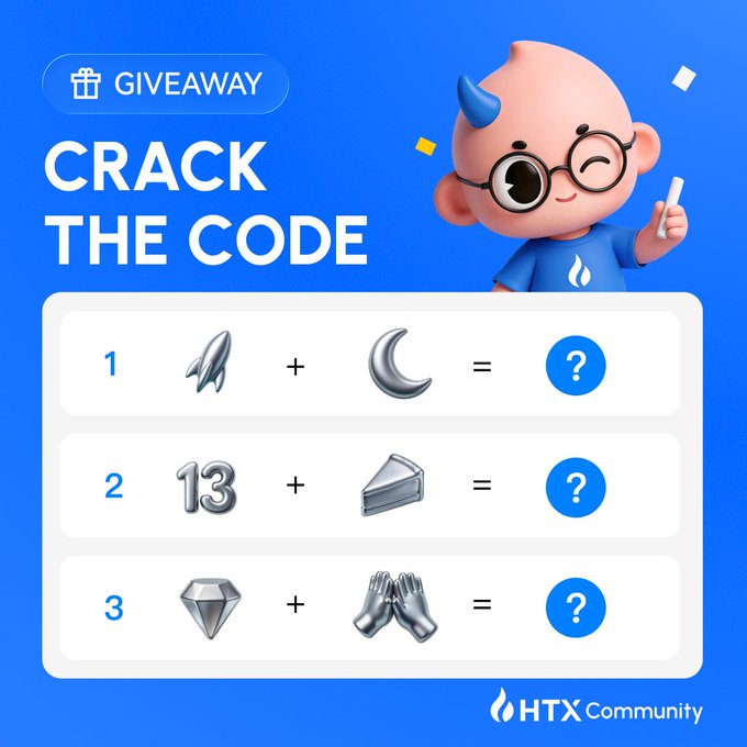 A blue HTX giveaway puzzle titled "Crack the Code" challenges users to solve three emoji equations (rocket + moon, "13" + metal ingot, diamond + clapping hands) as part of a $200 prize contest celebrating HTX's 13th anniversary. The image features a cartoon mascot with glasses and horns alongside the entry instructions.