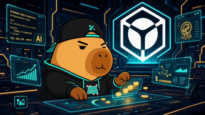 An animated capybara mascot wearing a black hoodie and cap sits at a futuristic trading desk surrounded by holographic screens, charts, and a large cryptocurrency logo.