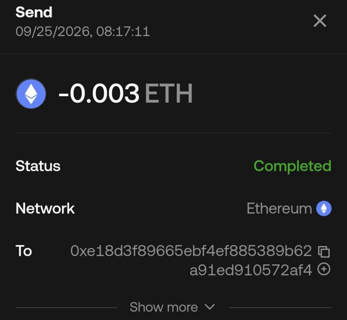 A cryptocurrency wallet screenshot showing a completed transaction of -0.003 ETH sent to address 0xe18d3f896665ebf4ef885389b62a91ed910572af4 on the Ethereum network, dated 09/25/2026.