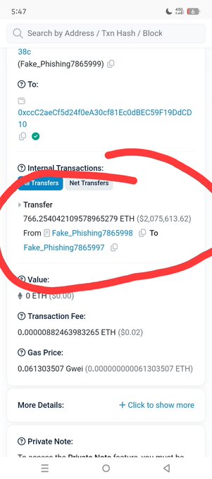 A screenshot of a blockchain transaction page showing a circled transfer of 766.25 ETH (over $2 million) from a wallet labeled 'Fake_Phishing7865999'.
